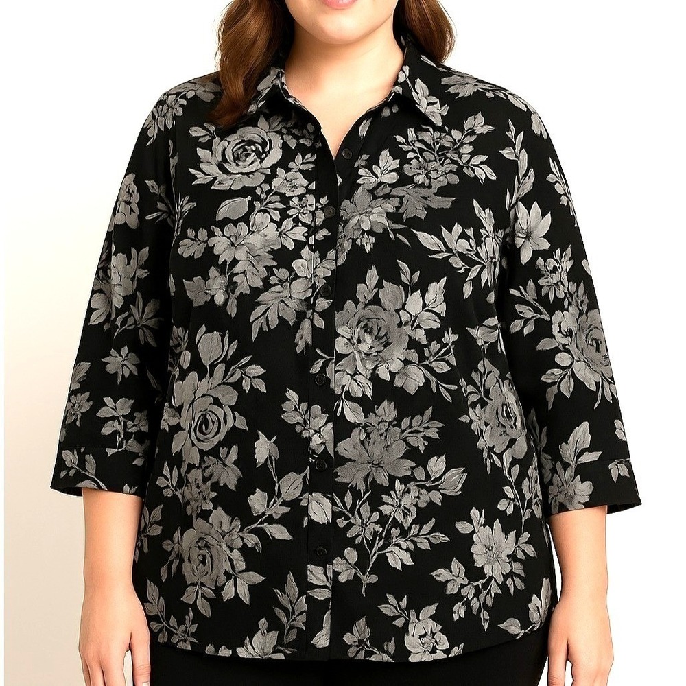 Womens Plus Floral Button Front‎ Blouse 2X Black Gray 3/4 Sleeves White Lq
